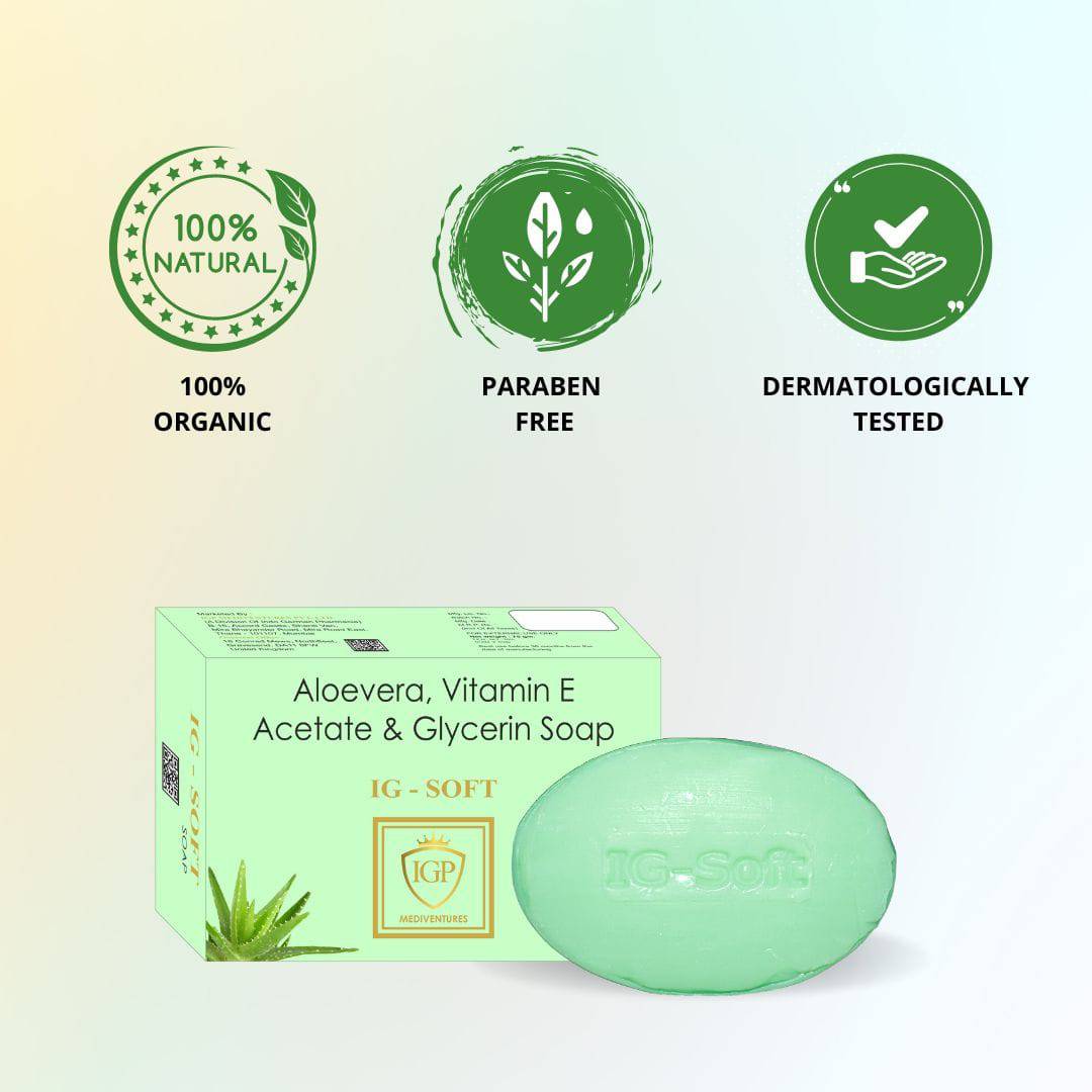 IGP MEDI VENTURES IG-Soft Moisturizing Soap | Aloe Vera, Vitamin E and Glycerin for nourished and moisturized skin | 75gm