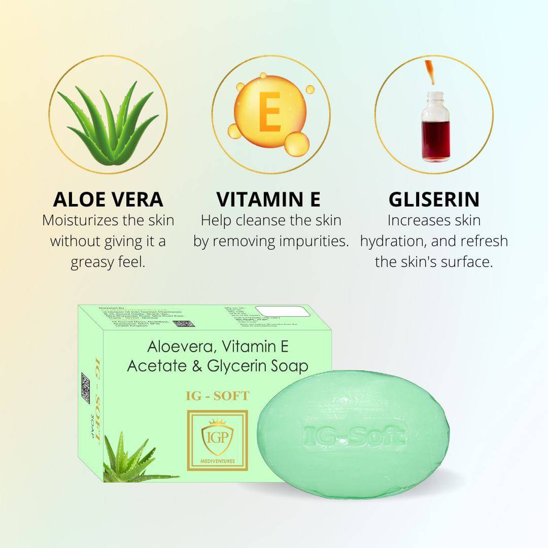 IGP MEDI VENTURES IG-Soft Moisturizing Soap | Aloe Vera, Vitamin E and Glycerin for nourished and moisturized skin | 75gm