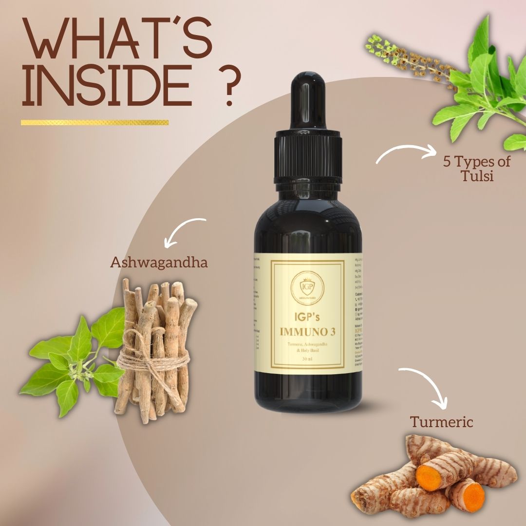 IGP MEDI VENTURES  Immuno-3 | Immunity and Energy Booster | Enriched with Tulsi, Ashwagandha & Turmeric | 30ml Drop