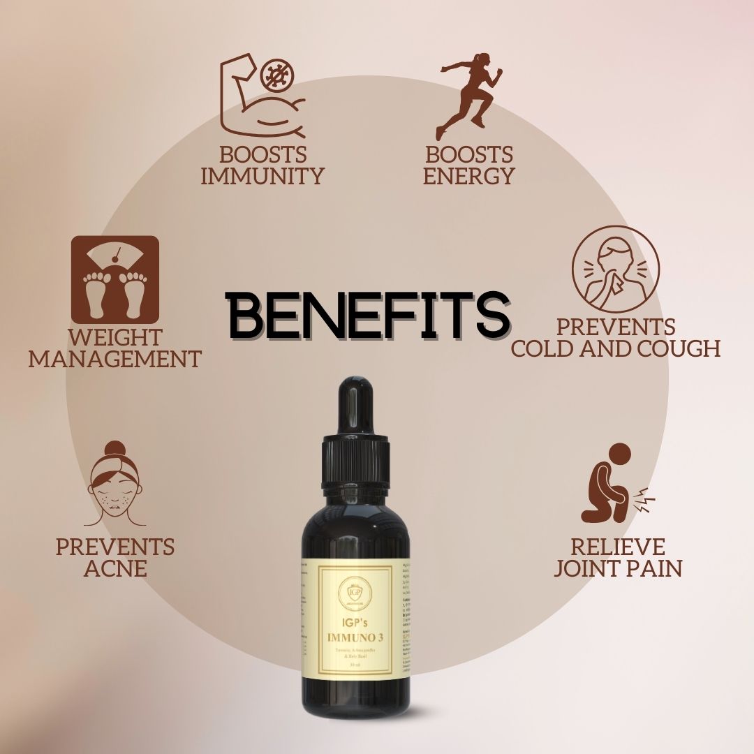 IGP MEDI VENTURES  Immuno-3 | Immunity and Energy Booster | Enriched with Tulsi, Ashwagandha & Turmeric | 30ml Drop