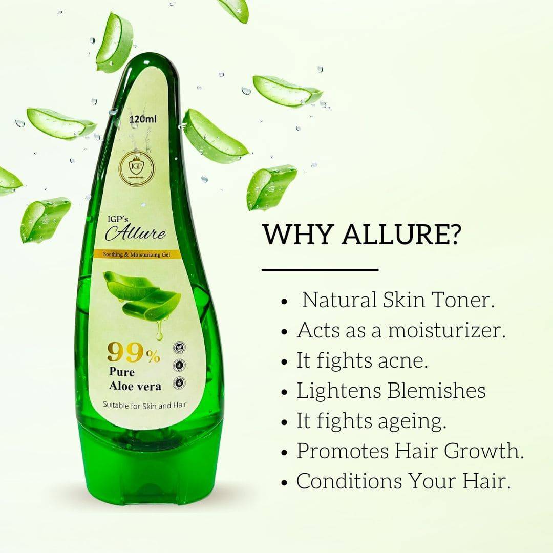 IGP MEDI VENTURES  ALLURE GEL with Pure Aloe Vera | Multipurpose gel for all hair and skin type | Moisturizes & nourishes skin | Conditions & Strengthens hair | 120ml