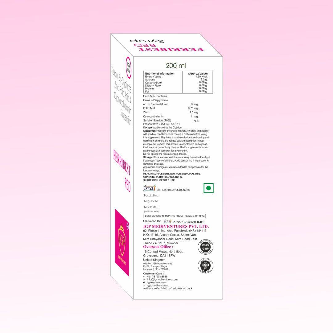 IGP MEDI VENTURES  FERRIBEST-RED Syrup | Iron and Zinc for deficiency, 200ml