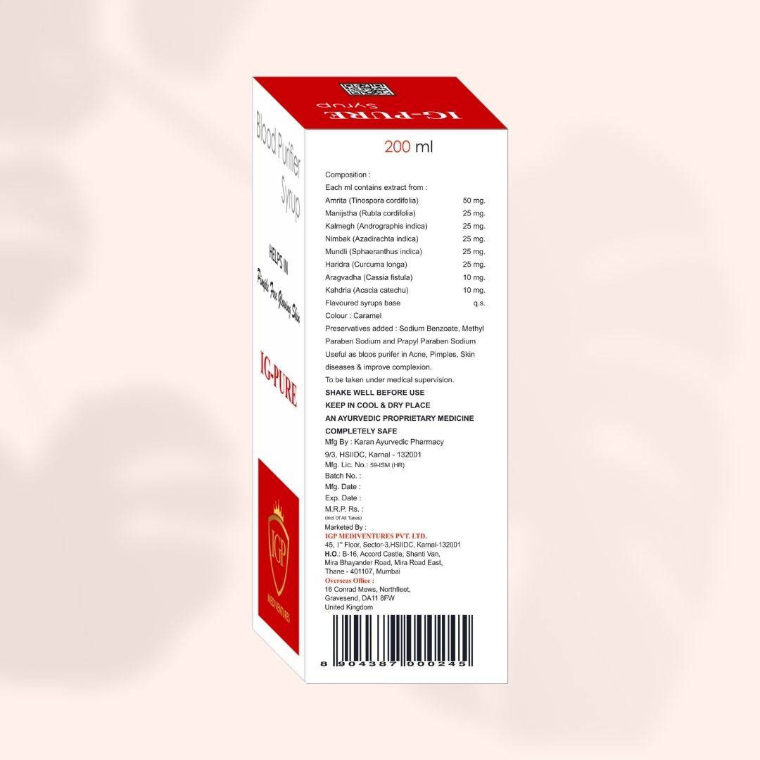 IGP MEDI VENTURES  IG-PURE SYRUP | Ayurvedic Blood Purifier| Pimple reduction & Glowing Skin | 200 ML
