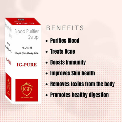 IGP MEDI VENTURES  IG-PURE SYRUP | Ayurvedic Blood Purifier| Pimple reduction & Glowing Skin | 200 ML