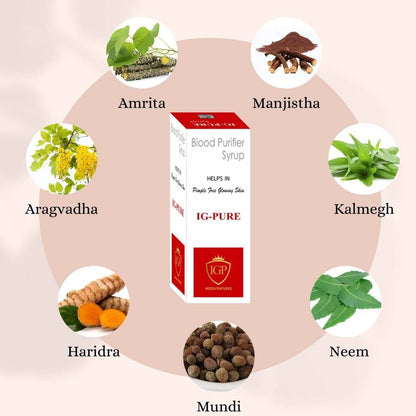 IGP MEDI VENTURES  IG-PURE SYRUP | Ayurvedic Blood Purifier| Pimple reduction & Glowing Skin | 200 ML