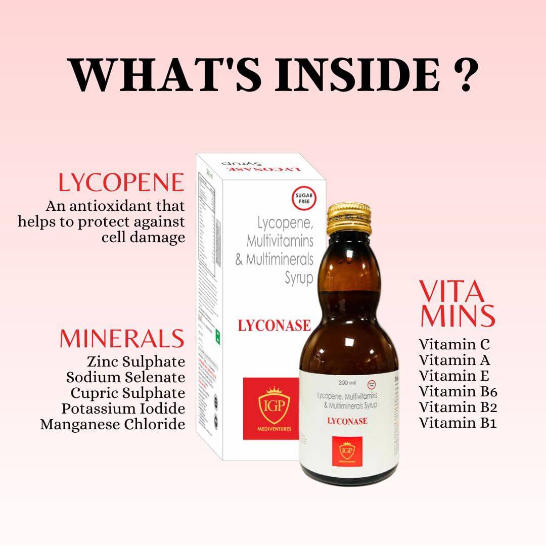 IGP MEDI VENTURES  LYCONASE Syrup | Multivitamin and multimineral with Lycopene, 200ml
