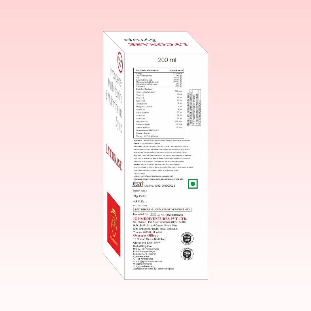 IGP MEDI VENTURES  LYCONASE Syrup | Multivitamin and multimineral with Lycopene, 200ml
